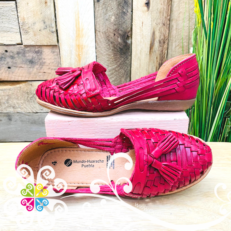 Red Tassels Flat Shoes - Huarache Piel – Guelaguetza Designs