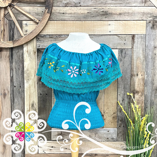 Green Turquoise Campesina Embroider Crop Top- Women Top