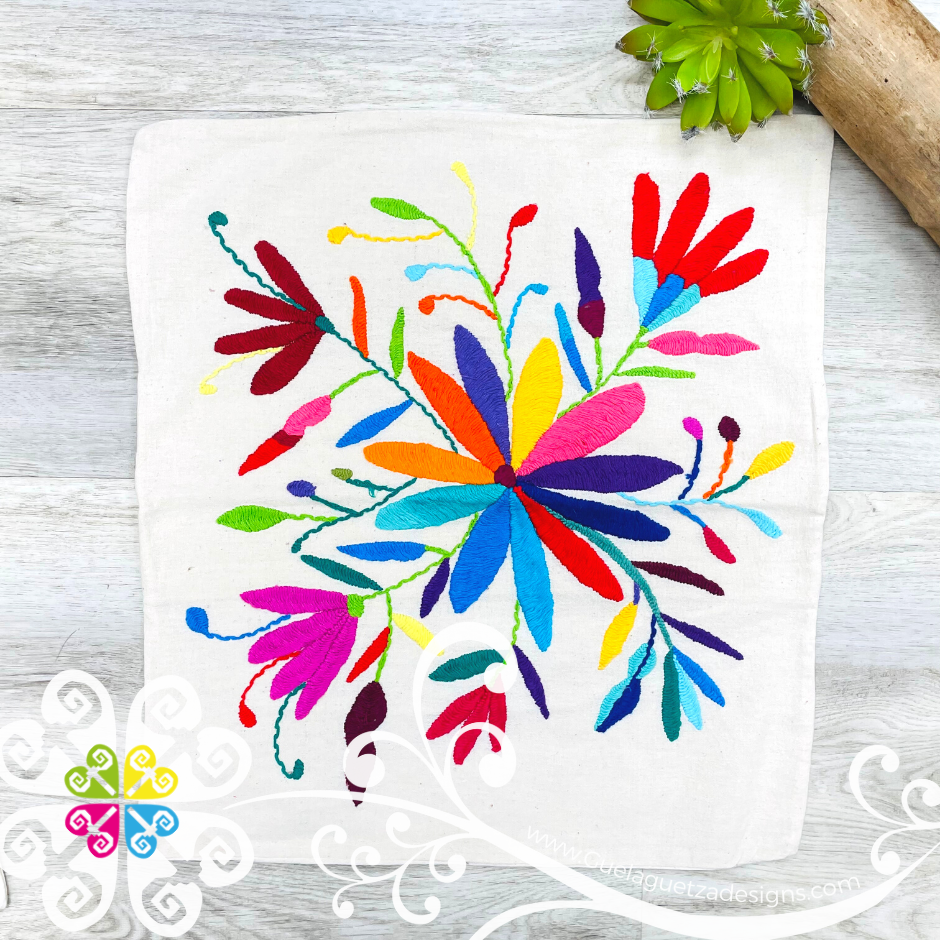 Flowers Design - Square Natural Otomi Decorative Pillow Cases