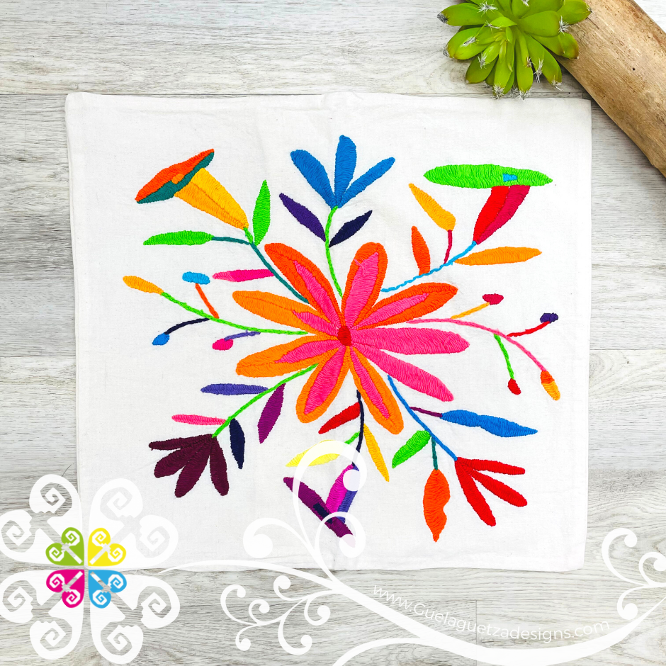 Flowers Design - Square Natural Otomi Decorative Pillow Cases