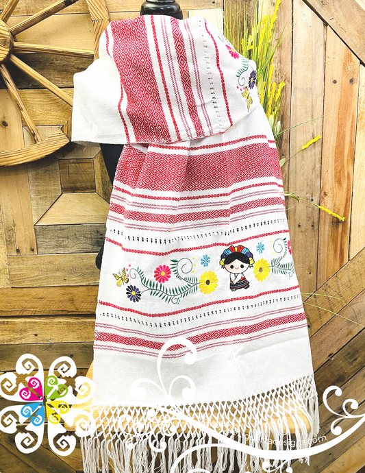 Otomi Doll Embroider Scarf- Artisan Pedal Loom Shawl
