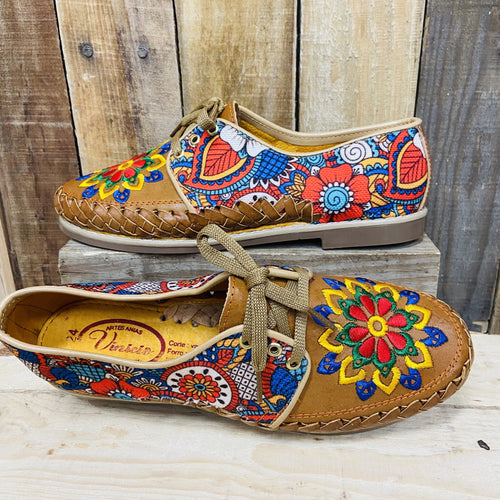Embroider Loafers Artisan Leather Women Shoes - Blue Flower Mosaic